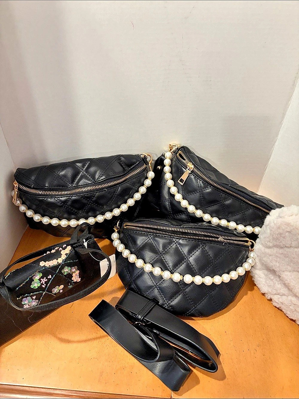 Quilted Pearl Strap Crossbody Bags in Black & White fur style
Baby evening bag
